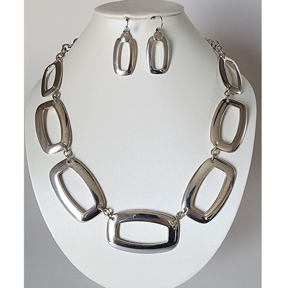 Vintage Dana Buchman Chunky Open Rectangle Necklace & Earrings Silver Tone